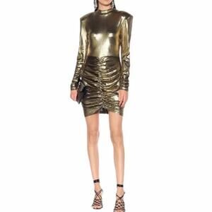 Rotate Birger Christensen Minnie Metallic Gold Lame Mini Dress Ruched SZ M